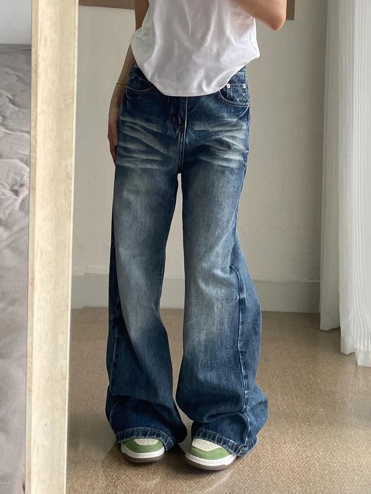 Women's Vintage Street Straight Blue Jeans Cool Girl Fashion Style Street Pants Bottoms Female High Waist Vibe Regular Trousers