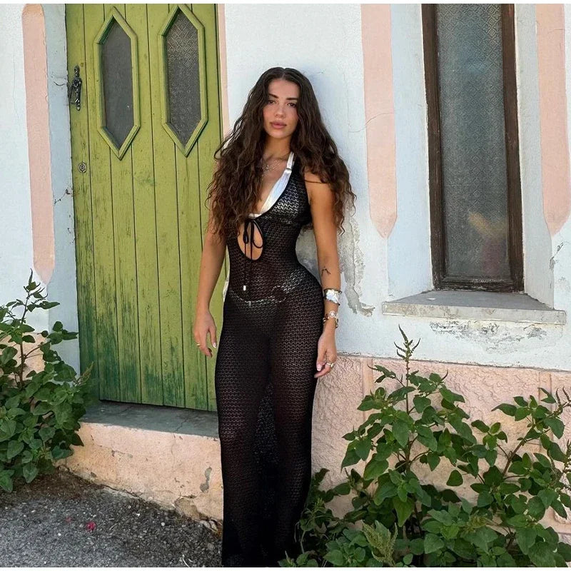 Beach Hollow Out Knit Long Dress Women Slim Sleeveless Lace Up V-neck Bodycon Dresses Female 2025 Summer Party Solid Robes