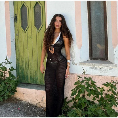 Beach Hollow Out Knit Long Dress Women Slim Sleeveless Lace Up V-neck Bodycon Dresses Female 2025 Summer Party Solid Robes