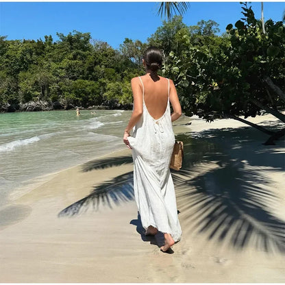 Sexy Backless Women's Side Split Loose Maxi Dress Fashion V-neck Sleeveless Sling Robe Female New Chic Vacation Vestido