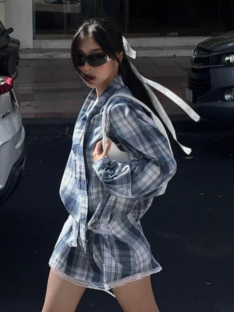 Elegant Plaid Dress Women Y2k Lantern Sleeve Low Waist Short Skirt Lace Up Summer Spring Harajuku Oversize Mini Dress