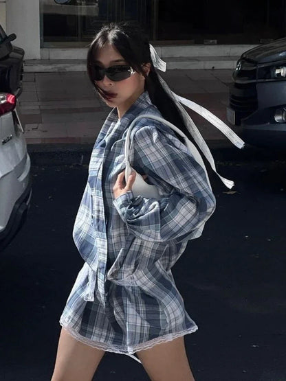 Elegant Plaid Dress Women Y2k Lantern Sleeve Low Waist Short Skirt Lace Up Summer Spring Harajuku Oversize Mini Dress