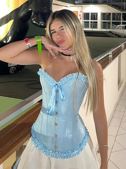 Strap Lace Strapless Shapewear Top Vest Fishbone Shaping Women Corset Waistcoat Retro Slim Fit Waist Cinching Tank Blouse Summer