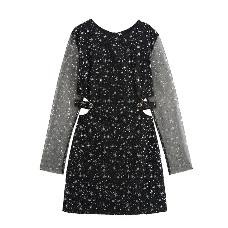 Women Lace Mesh Slim Party Dress Hollow Out Print Long Sleeve O-neck Mini Dresses Autumn New Lady Shiny Evening Robes