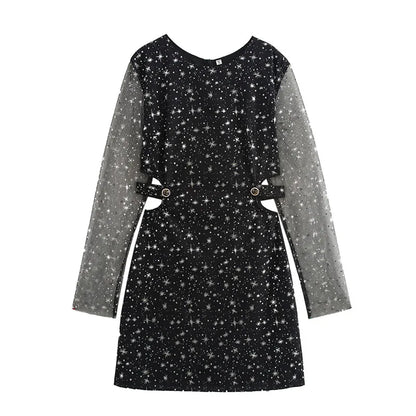 Women Lace Mesh Slim Party Dress Hollow Out Print Long Sleeve O-neck Mini Dresses Autumn New Lady Shiny Evening Robes