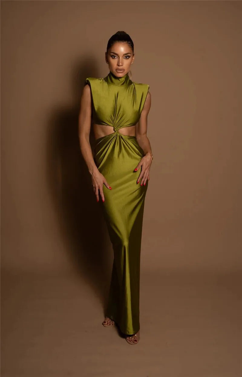 Mock Neck Structured Shoulder Waist Cutout Satin Maxi Gown