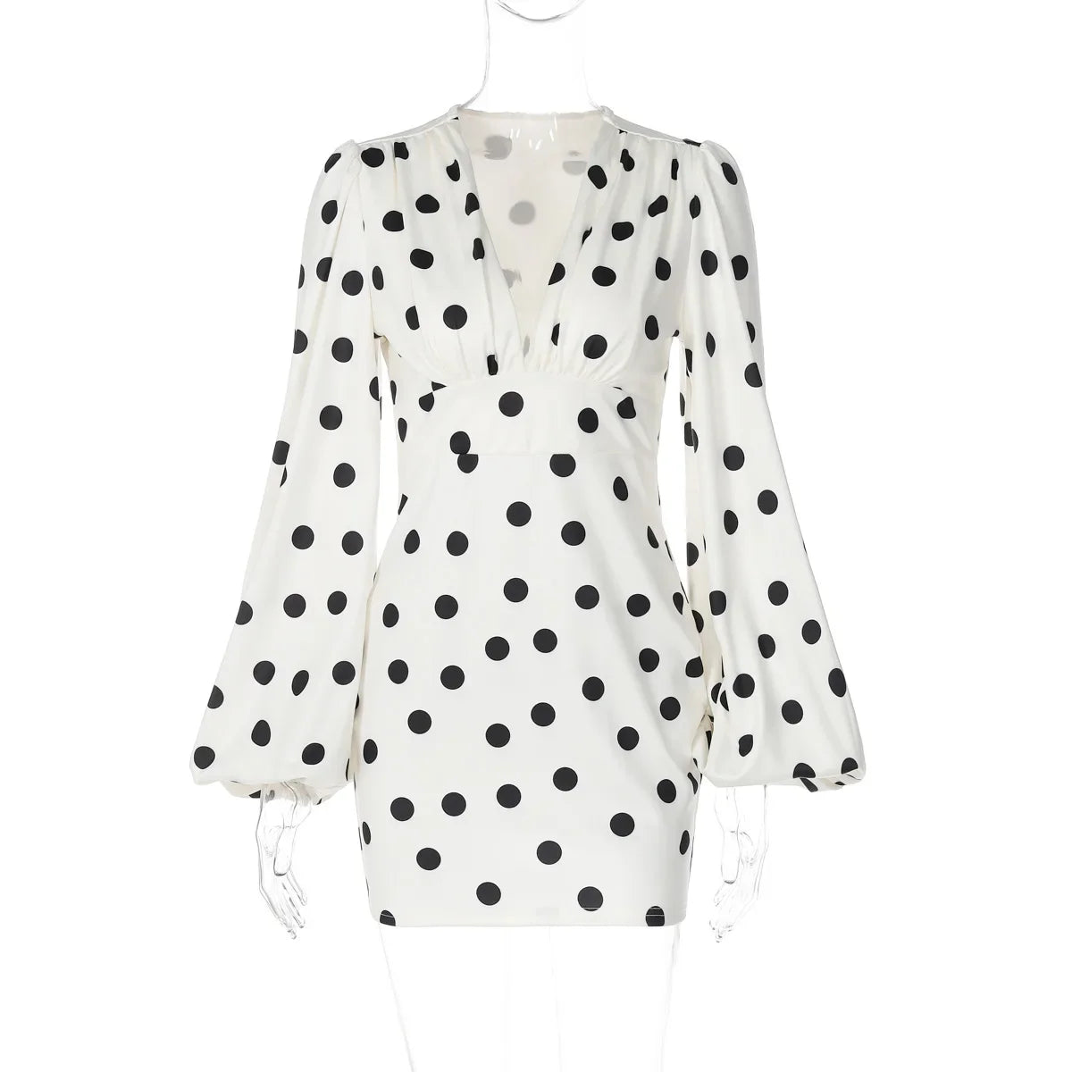 Spring Autumn Polka Dot Print Mini Dress Women Elegant Deep V Neck Flare Sleeve Slim High Waist A Line Short Party Dresses