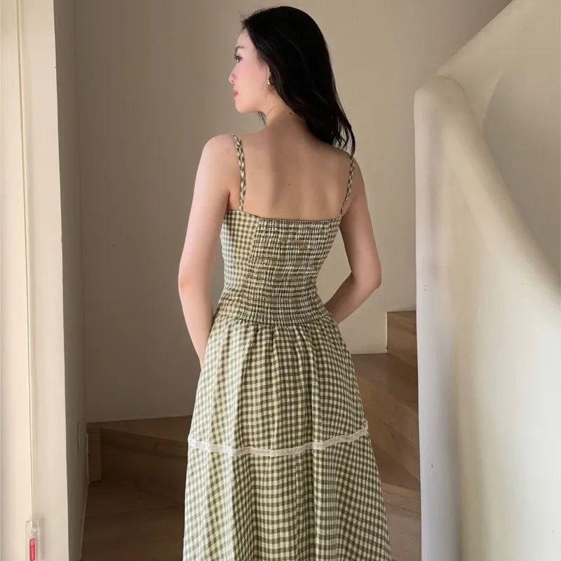 Holiday Style Summer Women's Dress Lace Splicing Sweet Lace Waist Back Green Plaid Dresses Elegant Fashion Long Dress