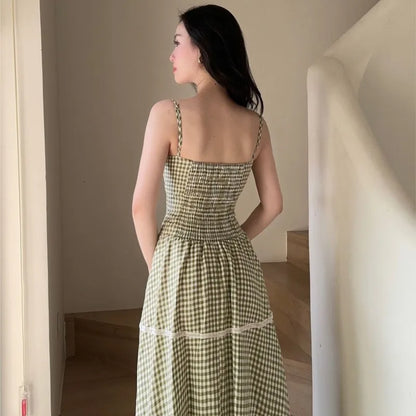 Holiday Style Summer Women's Dress Lace Splicing Sweet Lace Waist Back Green Plaid Dresses Elegant Fashion Long Dress