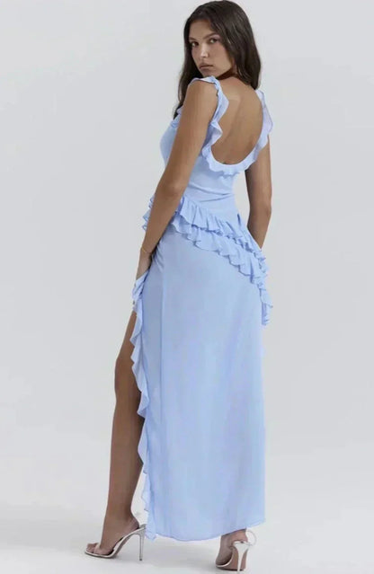 Ruffle Strap Square Neck Wrap Slit Chiffon Maxi Dress