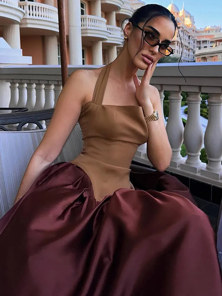 Women Sexy Patchwork Satin Halter Dress Fashion Sleeveless Backless A Line Dresses 2025 Spring New Female High Street Vestidos