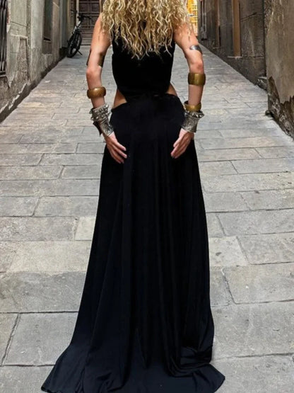 Sexy 2 Pieces Clothing Set Women Black O Neck Sleeveless Slim Bodysuit and High Slit Irregular Long Skirt Suit Y2K Outfits