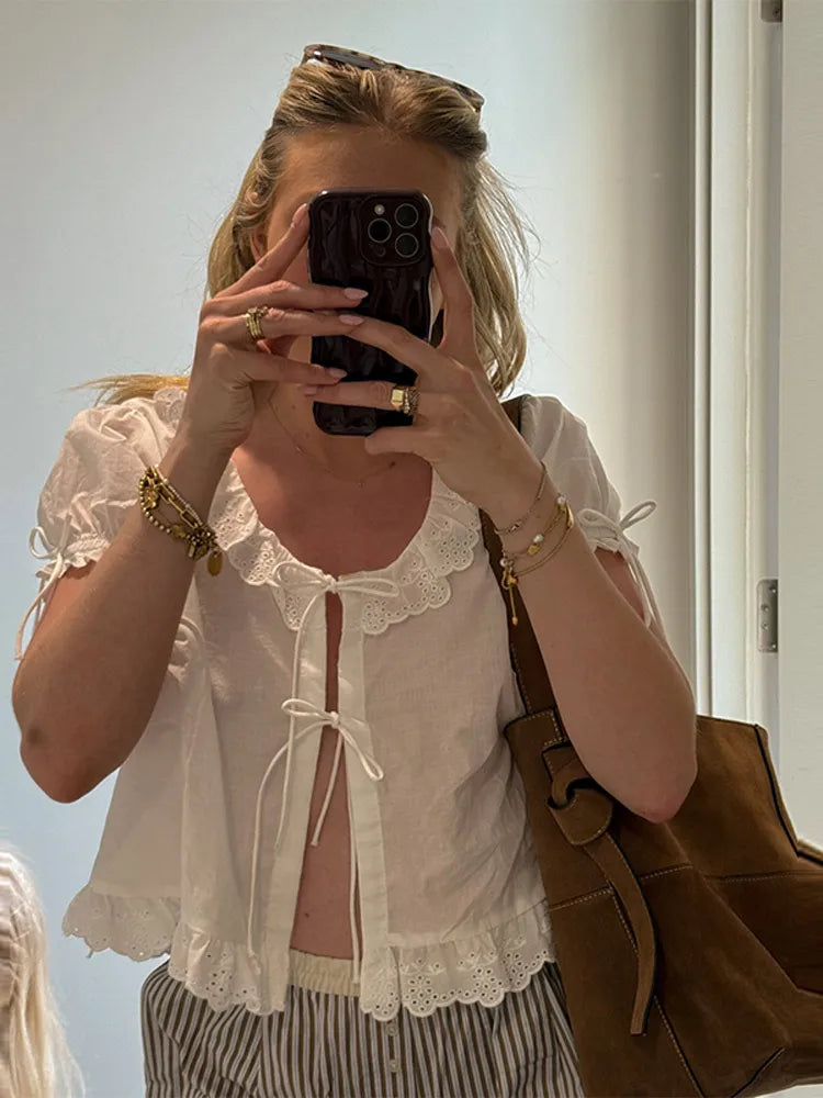 Chic Doll Collar Embroidery Lace Up Shirts for Women Elegant Short Puff Sleeve Female Blouse New Lady Solid Tops Streetwear