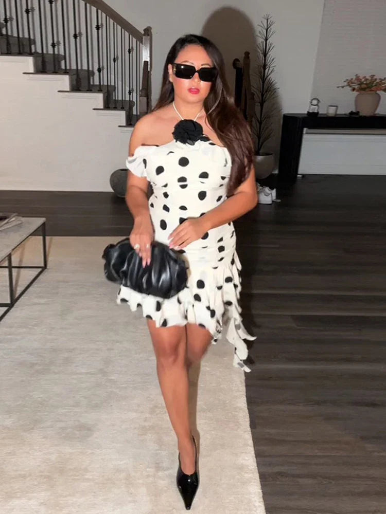 Women's Sexy Off Shoulder Dresses Chic Polka Dot Halter Mini Gowns Elegant Layered Ruffle Strap Slim Fit Party Lady Vestido