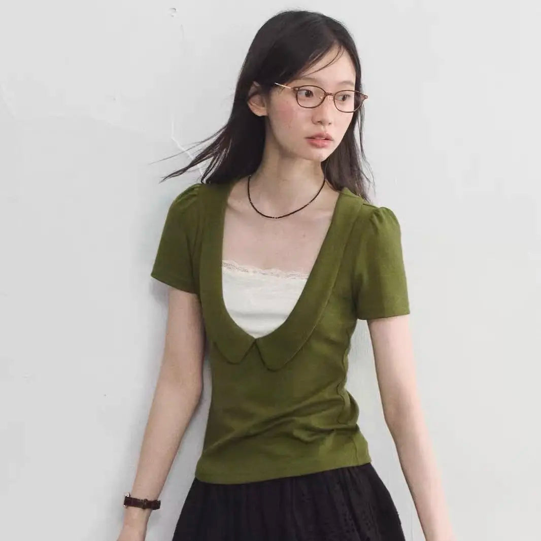 Fake Two Doll Neck Tops with Women's Lace Patchwork Waist Cinching Short Sleeved T-shirt