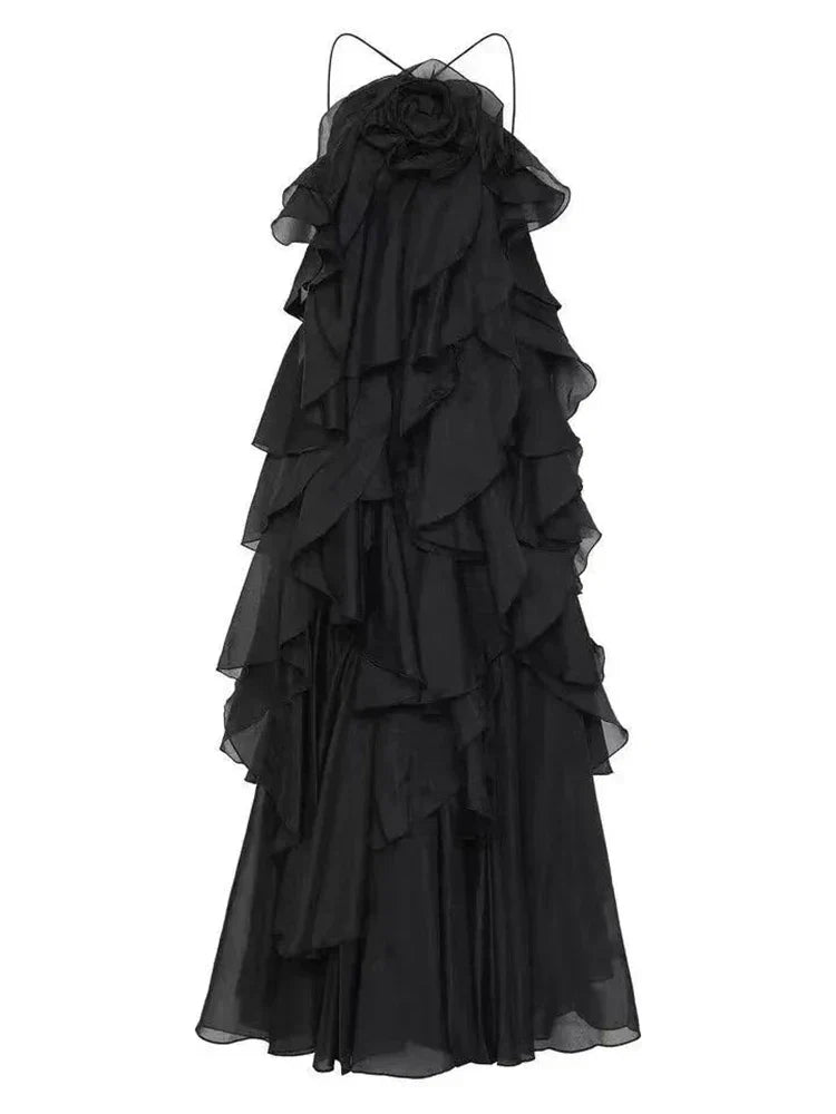 Halter Tiered Ruffle Cascading Flounce Maxi Gown