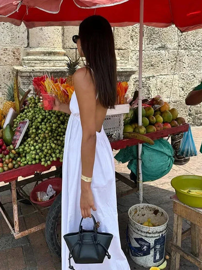 Deep V-Neck Spaghetti Strap Empire Waist Flowy Maxi Dress