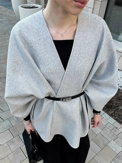 Elegant Women's Woolen Cloak Coats V-neck Lace-up Long Overcoats Loose Belt Autumn Jacket 2025 Buttonless Streetwear Outerwears