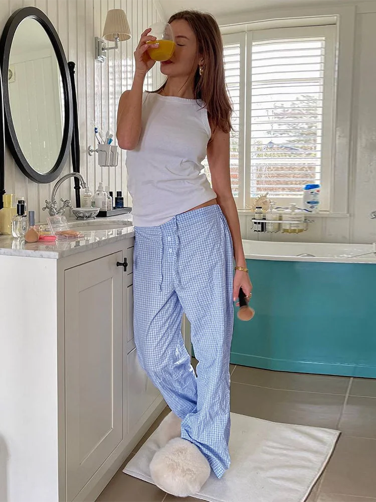 Checkered Loose Casual Long Pants For Women's Fashion Lace Up Button Versatile Low Rise Trousers Lounwear Y2K Outerwear