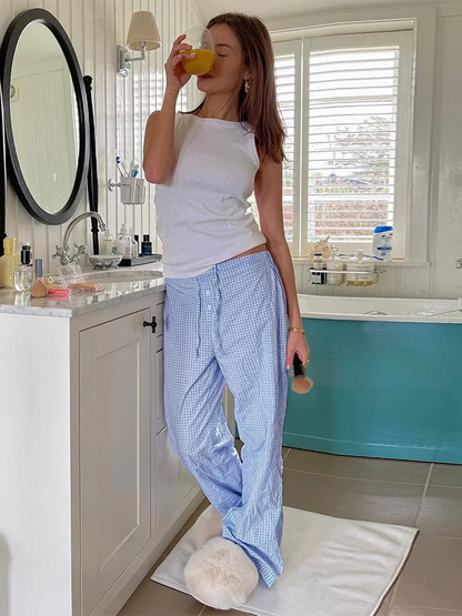 Checkered Loose Casual Long Pants For Women's Fashion Lace Up Button Versatile Low Rise Trousers Lounwear Y2K Outerwear