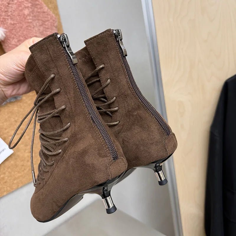 Fashion Pointed Toe Lace Up Ankle Boots Women High Quality Faux Suede Kitten Heel Designer Boot Comfort Back Zipper Modern Boots