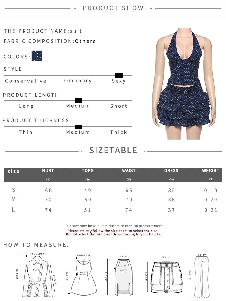 Low-Neck Polka Dots Women Two-Piece Set Halter Sleeveless Backless Mini Top+Multi-Layered Ruffles Sweet Bottoms Suits