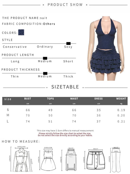 Low-Neck Polka Dots Women Two-Piece Set Halter Sleeveless Backless Mini Top+Multi-Layered Ruffles Sweet Bottoms Suits