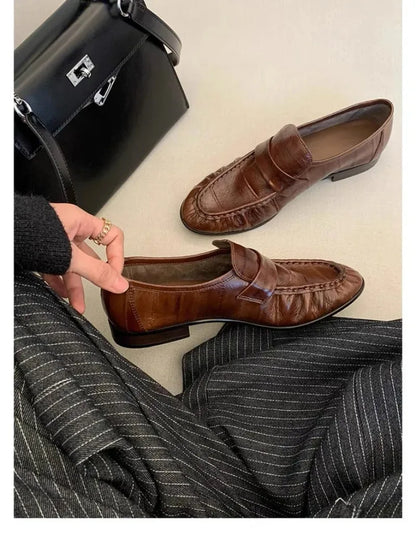 Retro Brown Soft Leather Brand Flats Women Fashion Pleated Design Loafers Comfort Outdoor Commuting Office Shoe Zapatos De Mujer
