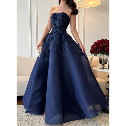 Exquisite Evening Dresses For Women Strapless A Line Sleeveless Floor Length High Quality Fairy Fit Slim Banquet Wedding Gowns