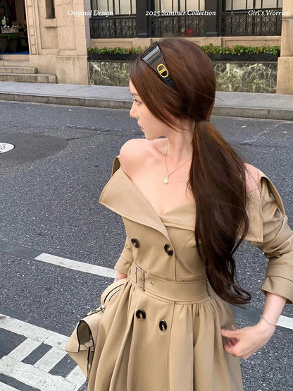 Long Trench Coat Women Streetwear Belt Sexy Off Shoulder Jackets Korean Double Breasted Outerwears Fall Winter Fashion Overcoat