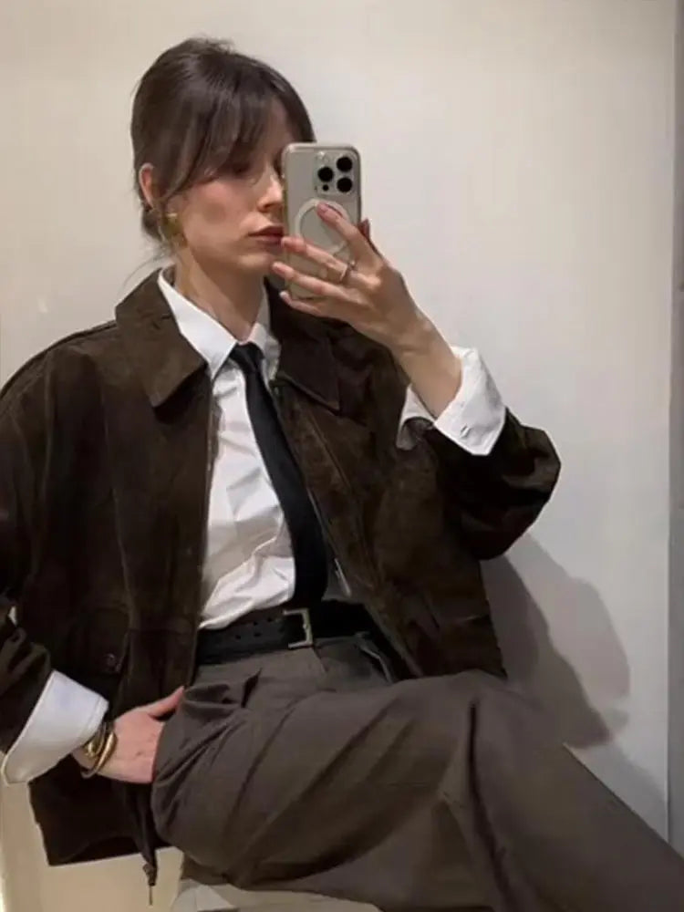 Suede Leather Jacket Coat Vintage Brown Maillard Pocket Lapel Casual Loose Bomber Jackets Motorcycle Style Silhouette Outwear