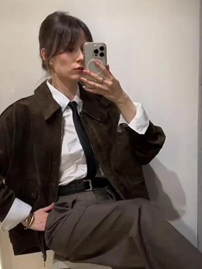 Suede Leather Jacket Coat Vintage Brown Maillard Pocket Lapel Casual Loose Bomber Jackets Motorcycle Style Silhouette Outwear