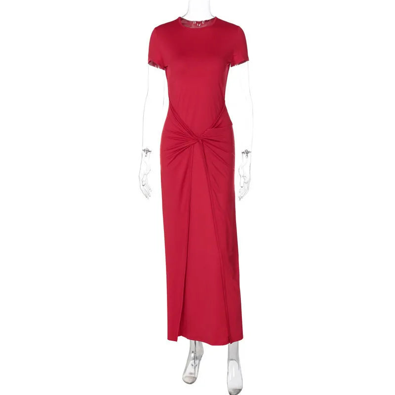 Twist Front Knot Crew Neck Short Sleeve Ruched Bodycon Maxi Dress