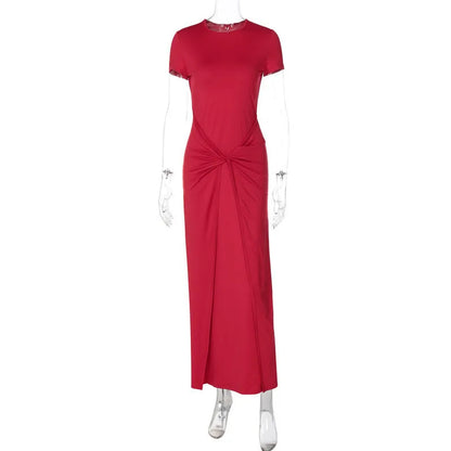 Twist Front Knot Crew Neck Short Sleeve Ruched Bodycon Maxi Dress