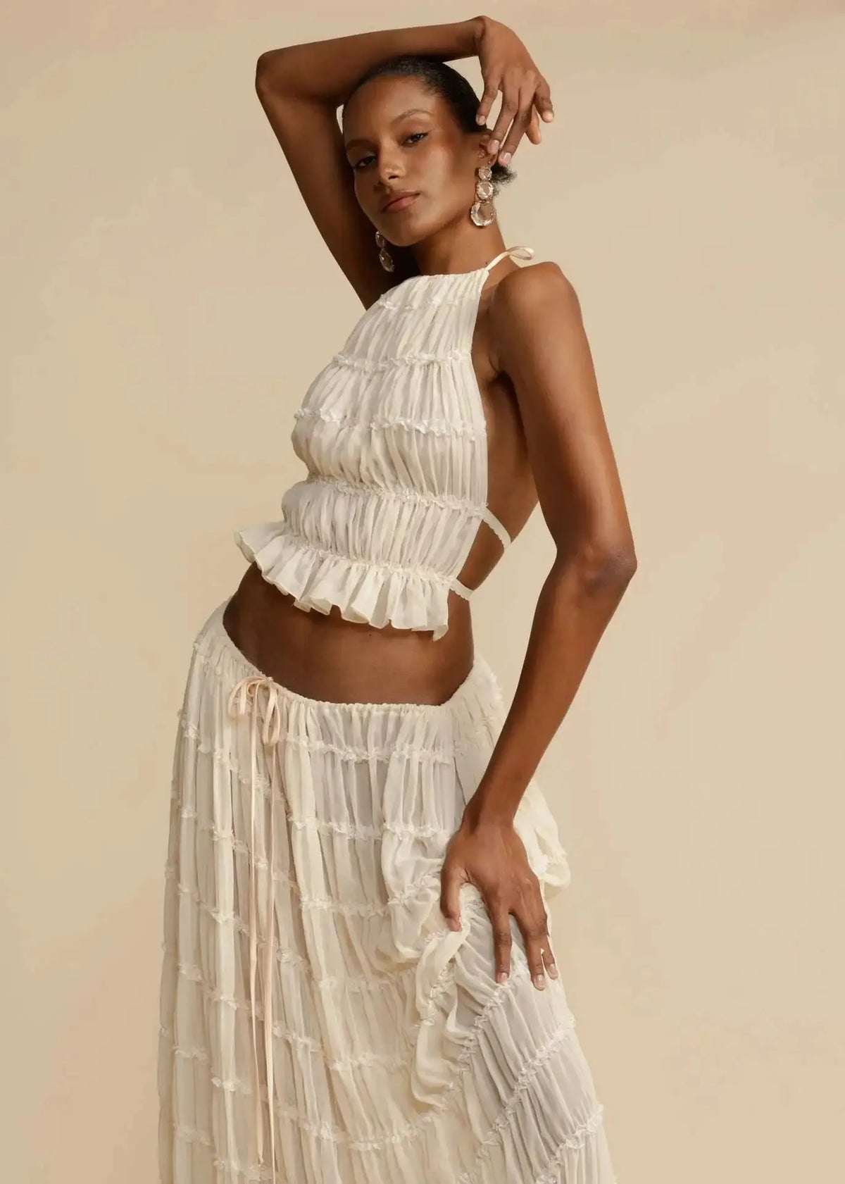 Halter Ruffled Neck Tiered Pleated Crinkle Crop Top and Maxi Skirt Set