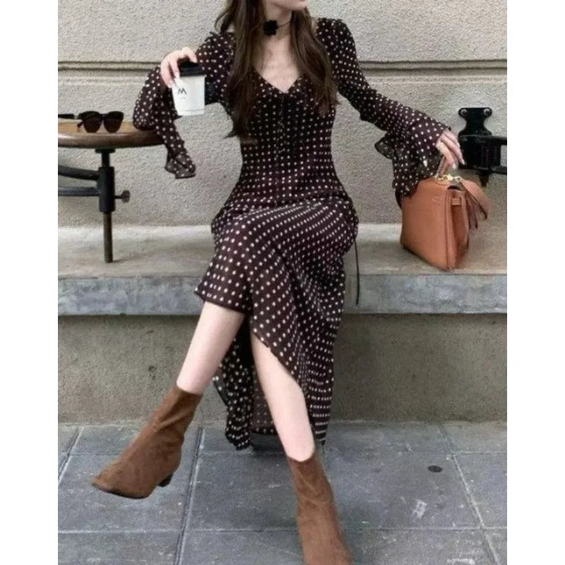 Spring and Summer New Temperament Long-sleeved V-neck Classic Polka Dot Long Dress Women's Clothing