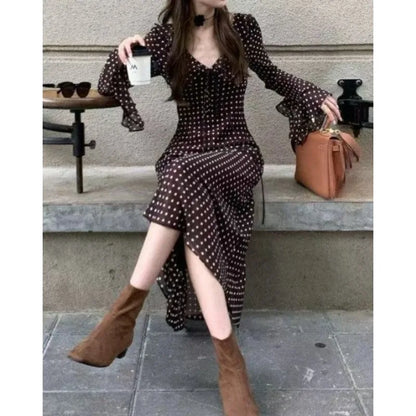 Spring and Summer New Temperament Long-sleeved V-neck Classic Polka Dot Long Dress Women's Clothing