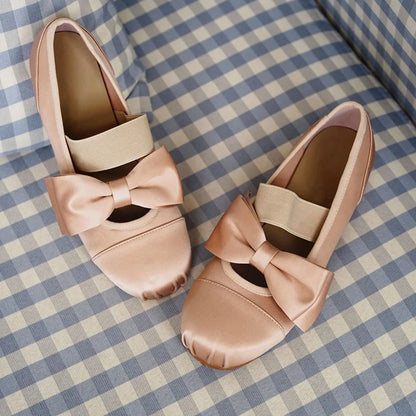 Women's Bow Mary Jane Shoes Square Satin Low Heel Flat Shoes Elegant Strap Ladies Pumps for Wedding Office Daily Wear Shoes