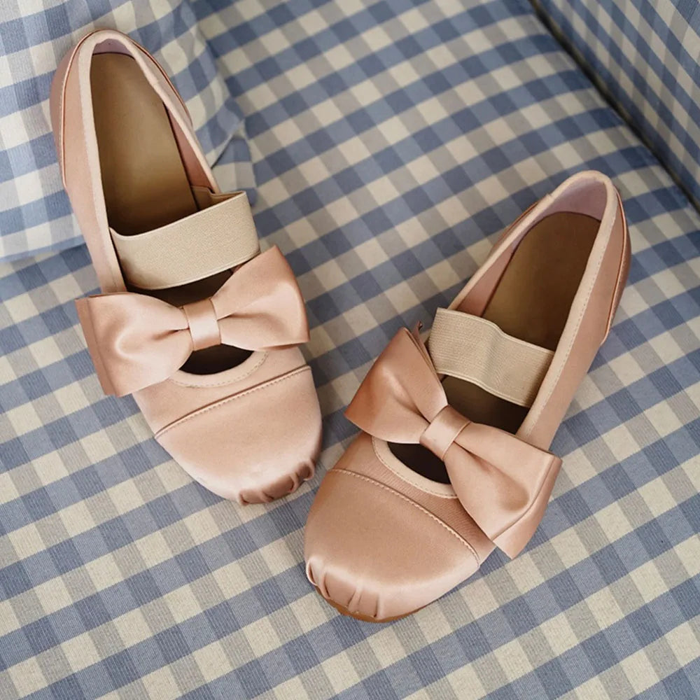 Women's Bow Mary Jane Shoes Square Satin Low Heel Flat Shoes Elegant Strap Ladies Pumps for Wedding Office Daily Wear Shoes