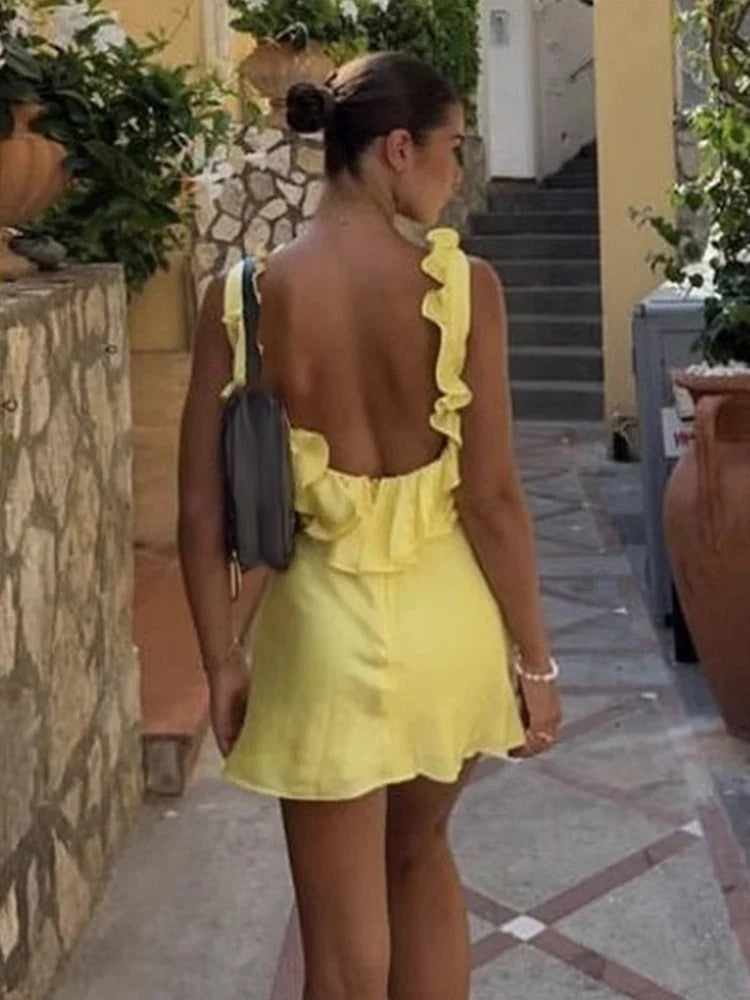 Elegant Ruffle Dress Women Sling Sleeveless Backless A-line Mini Dresses Female 2025 Spring Summer Chic Casual Yellow Lady Robe