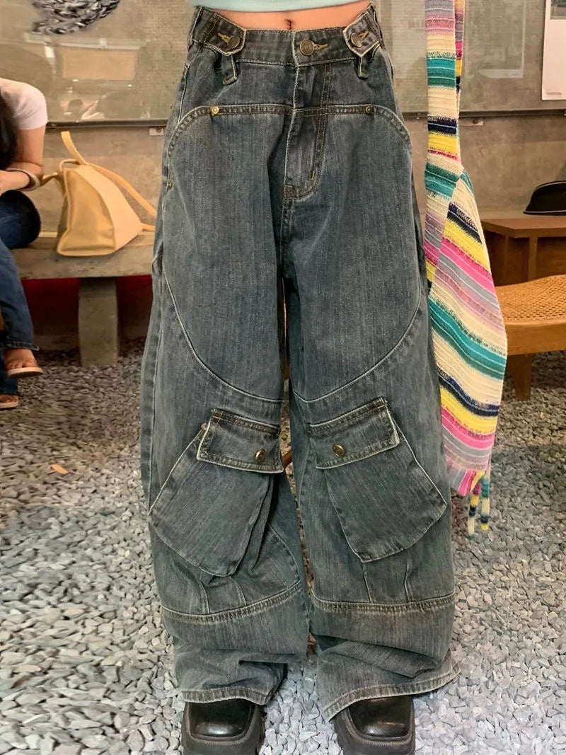 Washed Patchwork High Waist Jeans for Women American Vintage Distressed Straight Jeans Hip Hop High Street Wide Leg Trousers