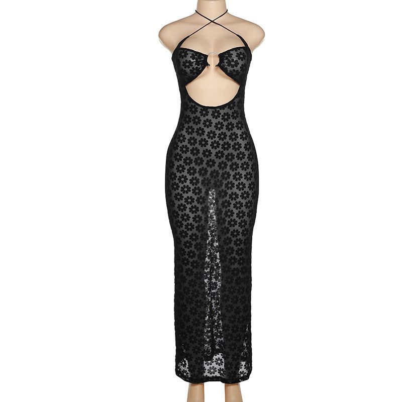 Halter Neck Burnout Floral Mesh O-Ring Midriff Cutout Bodycon Midi Dress