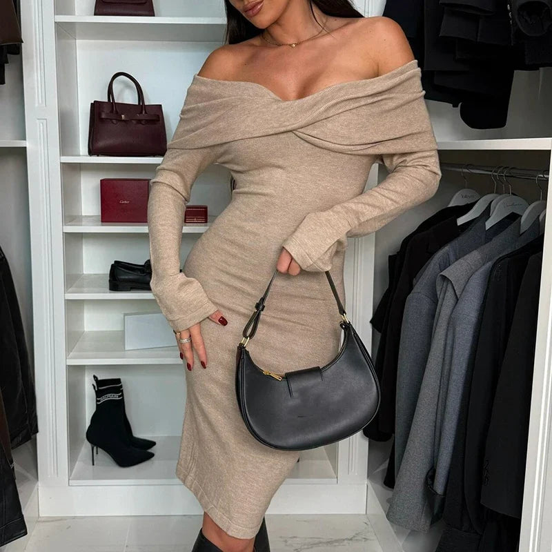 Autumn Winter Solid Color Off Shoulder Bodycon Dress Elegant Temperament Long Sleeve Bag Hips Dress Sexy Slim Women's Long Dress