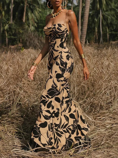 Botanical Print Cowl Neck Spaghetti Strap Bodycon Maxi Dress
