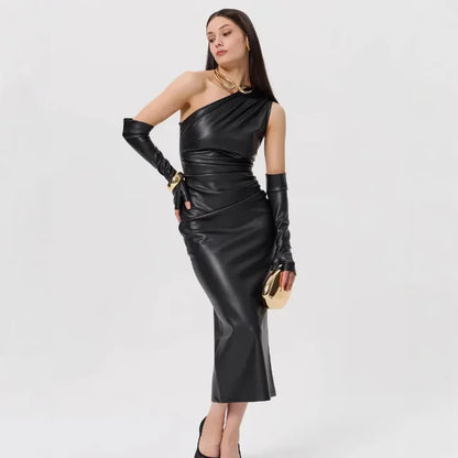 Faux Leather One Shoulder Ruched Bodycon Midi Dress