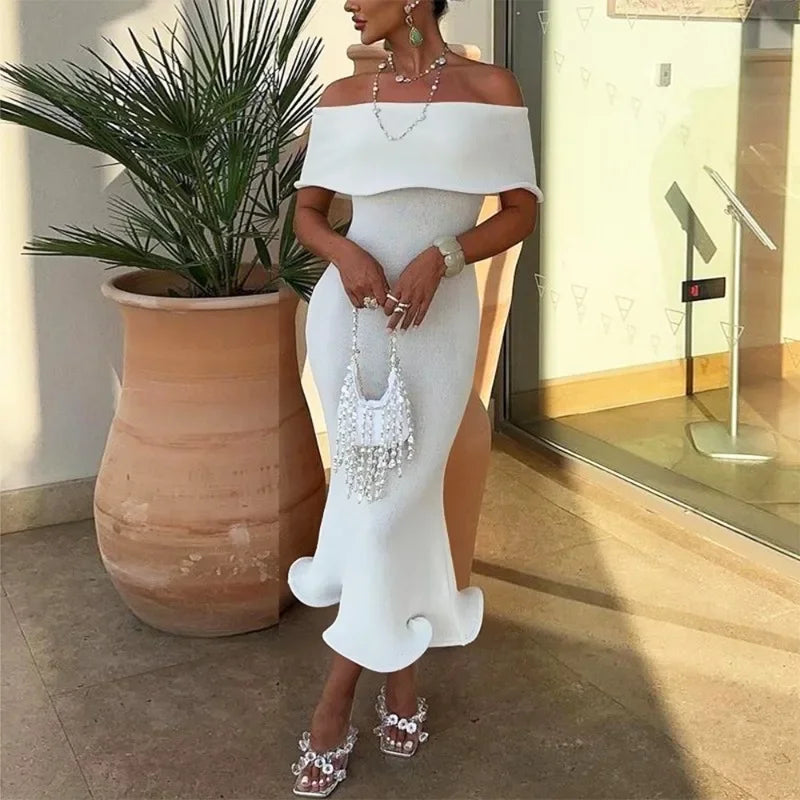 Off Shoulder Ruffle Bardot Mermaid Hem Bodycon Midi Dress
