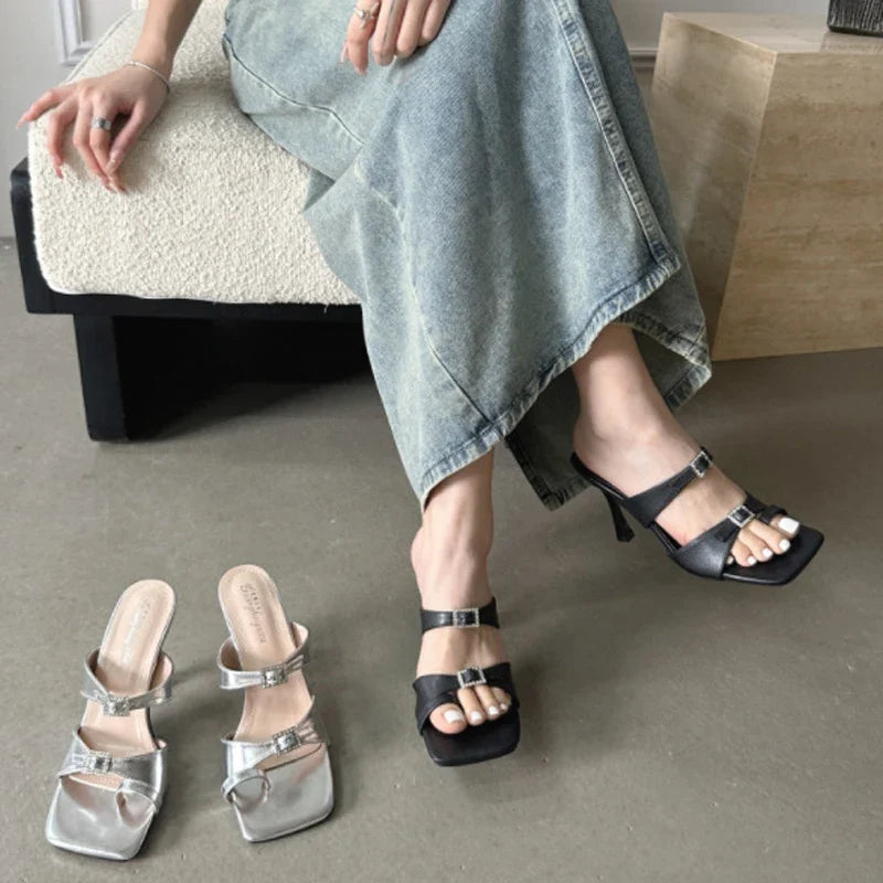 Fashion High Heels Modern Slippers Women Thin Heels Flip Flops Clip Toe Mules Slides Square Open Toe Party Dress Summer Shoes