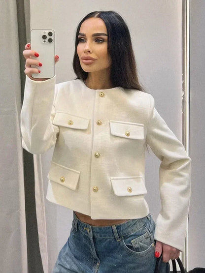Elegant Solid Button Fake Pocket Jacket Women's Fashion O-neck Long Sleeve Single Breasted Cropped Coats New Lady Chic Outerwear