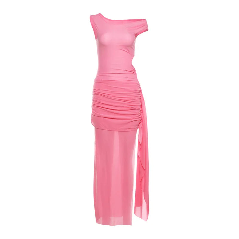 Women's 2024 Spring/Summer New Temperament Slant Shoulder Long Dress Sexy Side Split Dress