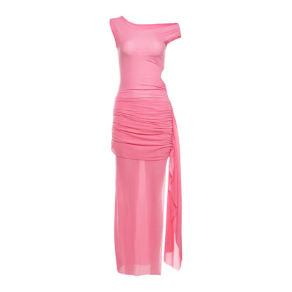 Women's 2024 Spring/Summer New Temperament Slant Shoulder Long Dress Sexy Side Split Dress